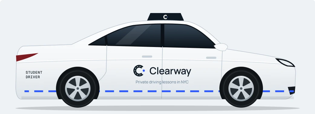 White Toyota Corolla school car with the Clearway logo, a Student Driver label and a dashed blue lane stripe