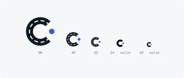 The mark from 96 px down to 16 px, switching to a solid C below 24 px