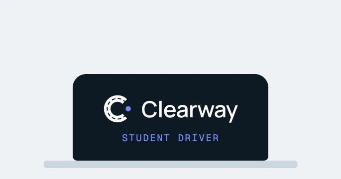 Roof sign: the Clearway logo on ink with Student Driver in blue
