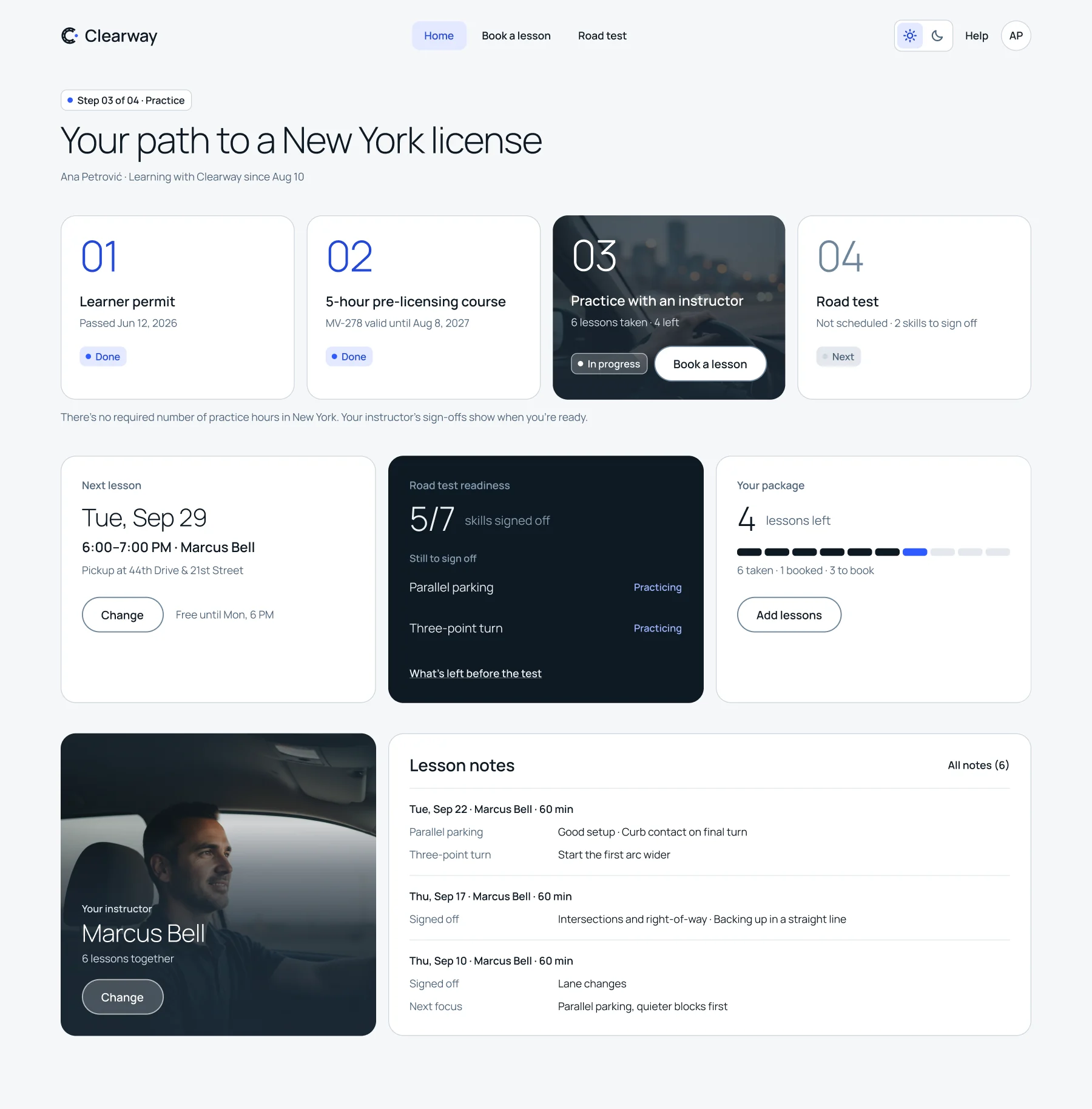 Full dashboard: path, next lesson, readiness, package, instructor and lesson notes