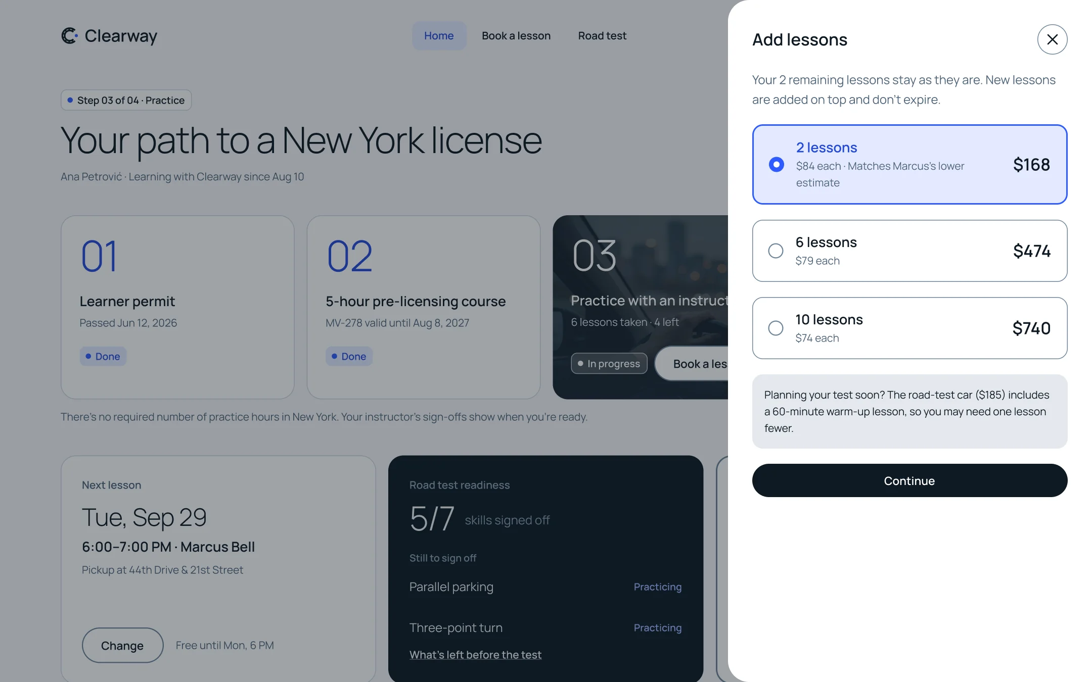 Add lessons panel: 2, 6 or 10 lessons, with the smallest first