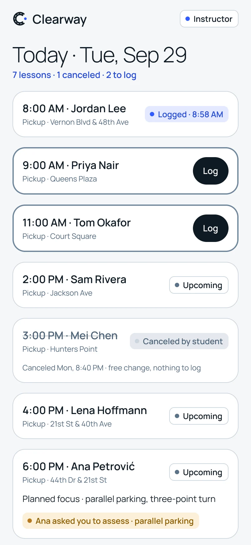 Instructor’s Today list: seven lessons, two still to log