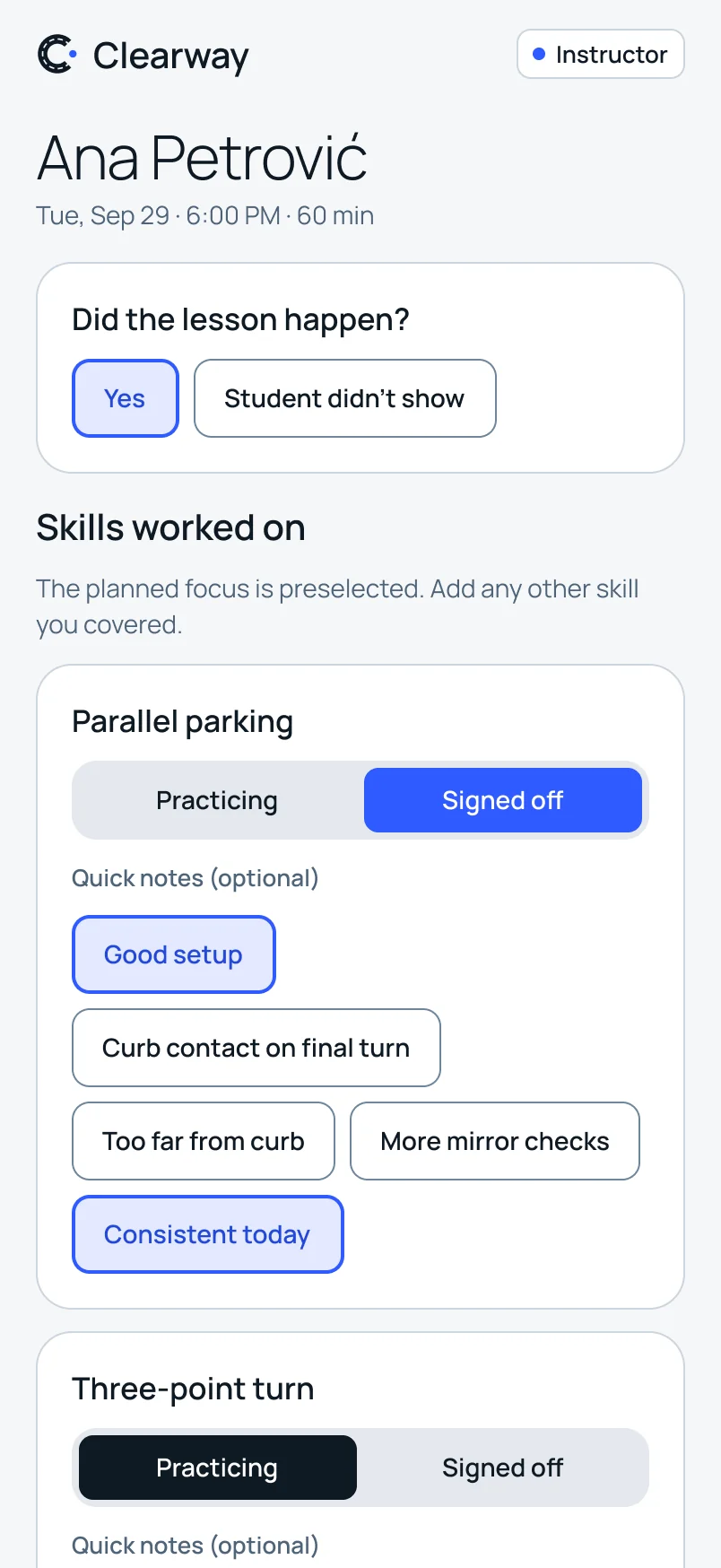 End-of-lesson log: skills set to Practicing or Signed off, with quick notes