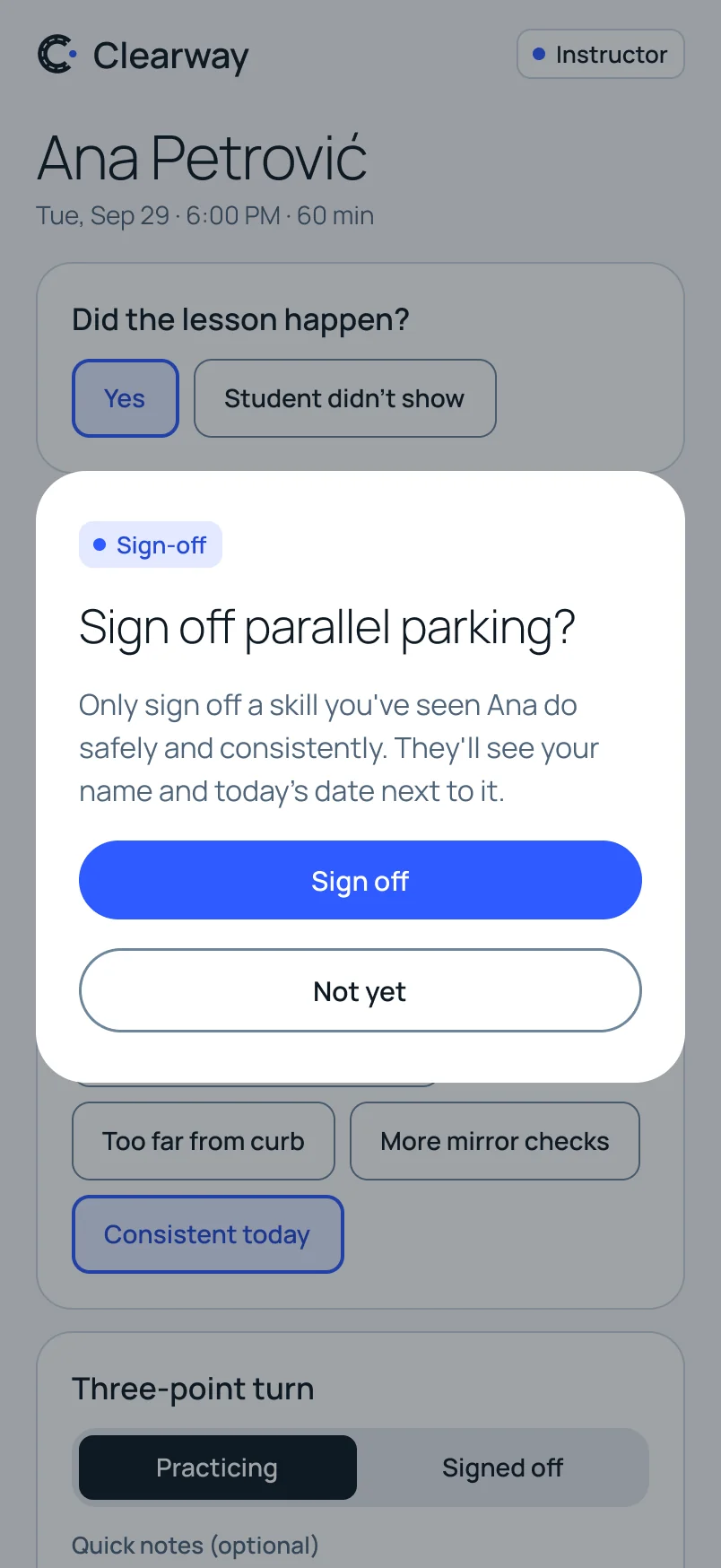 Sign-off confirmation for parallel parking