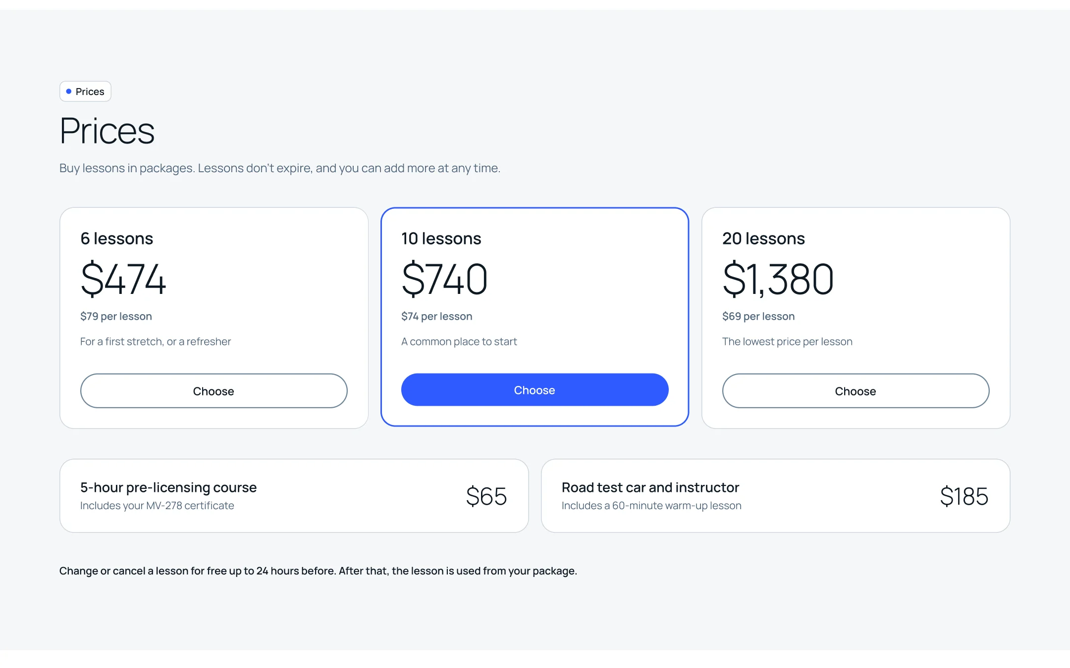 Prices: three packages and the free-change rule