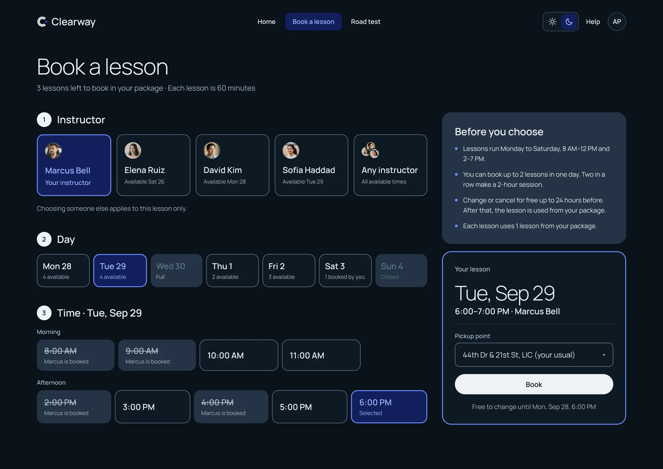 Book a lesson in dark mode