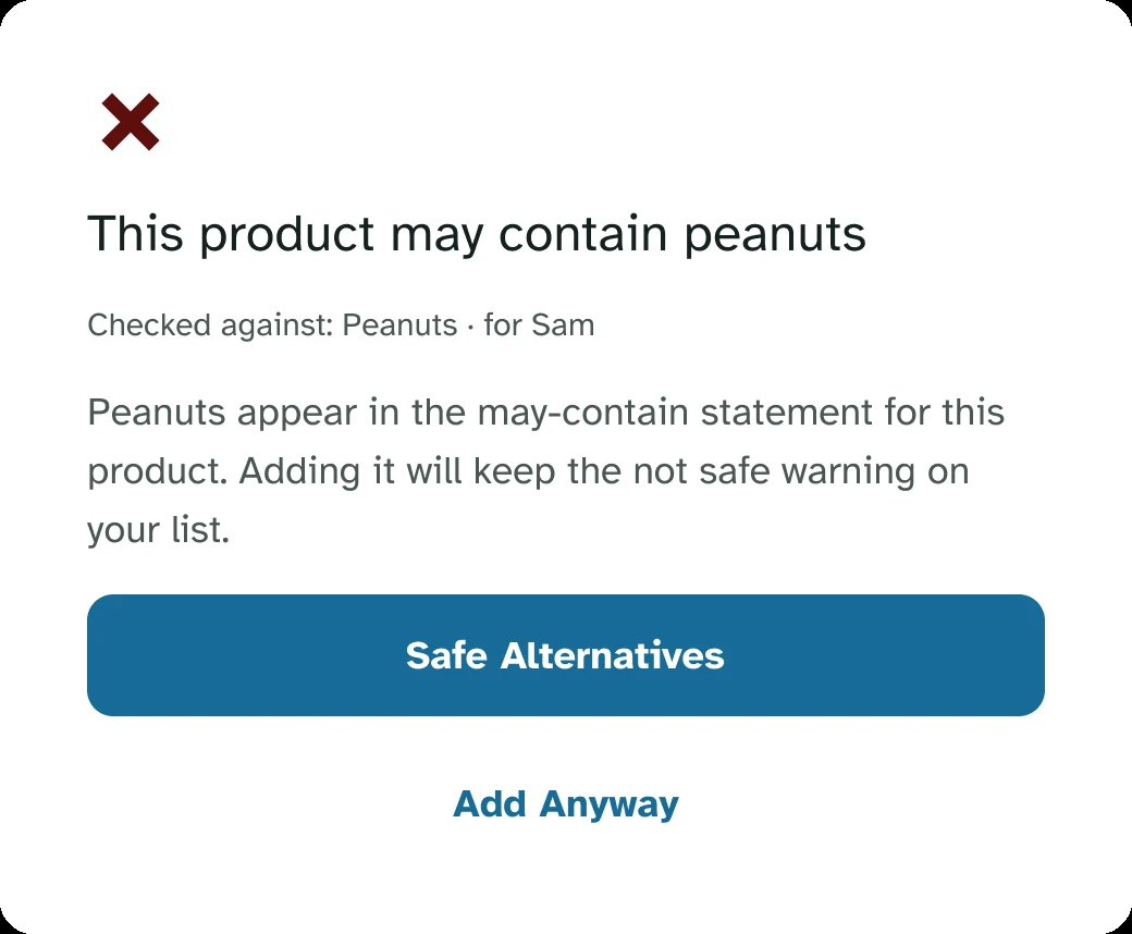 Override dialog: This product may contain peanuts, with Safe Alternatives first and Add Anyway second in the tab order