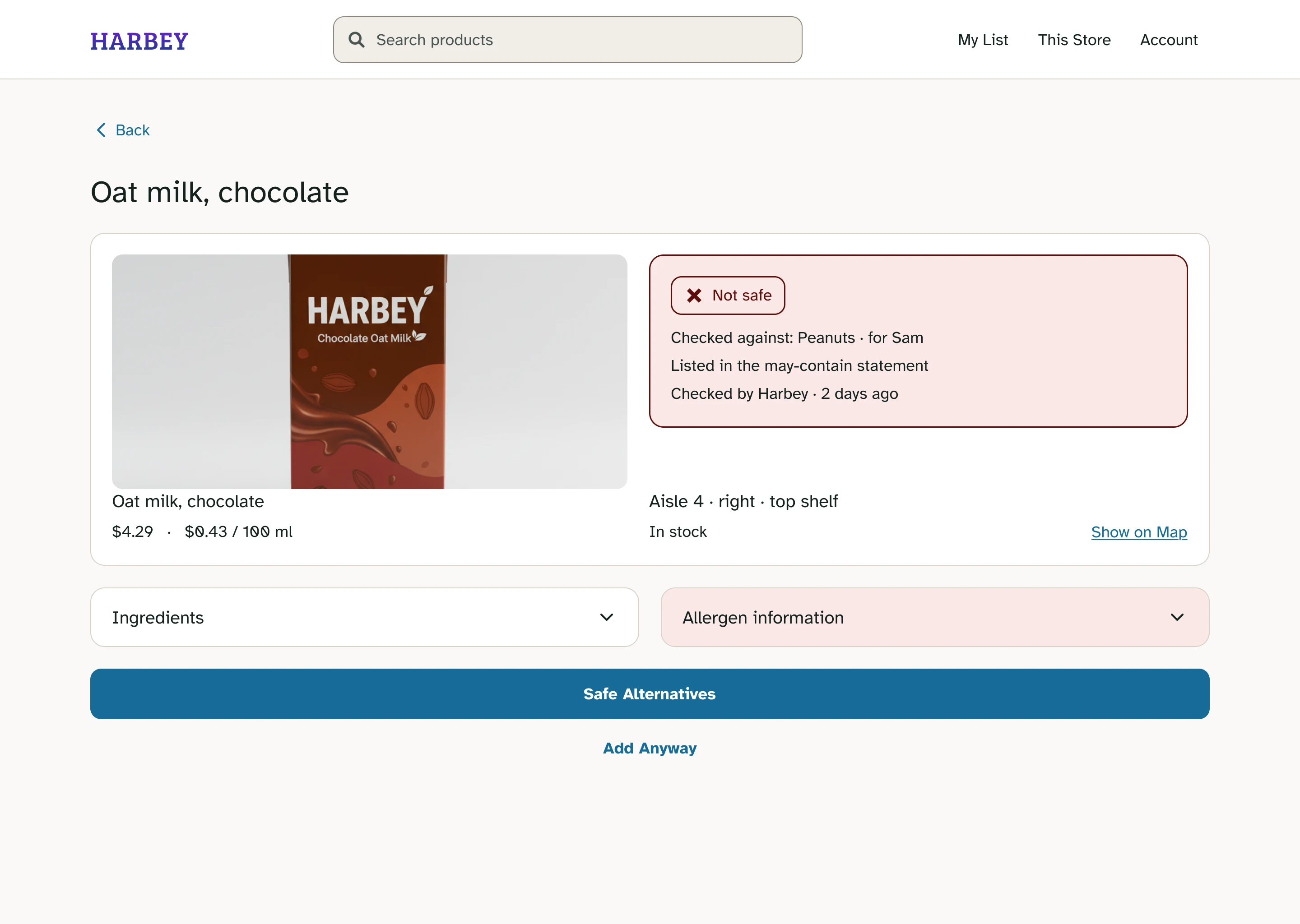 Desktop Not safe product page with its keyboard tab order: header links, Back, Show on Map, Ingredients, Allergen information, Safe Alternatives, then Add Anyway