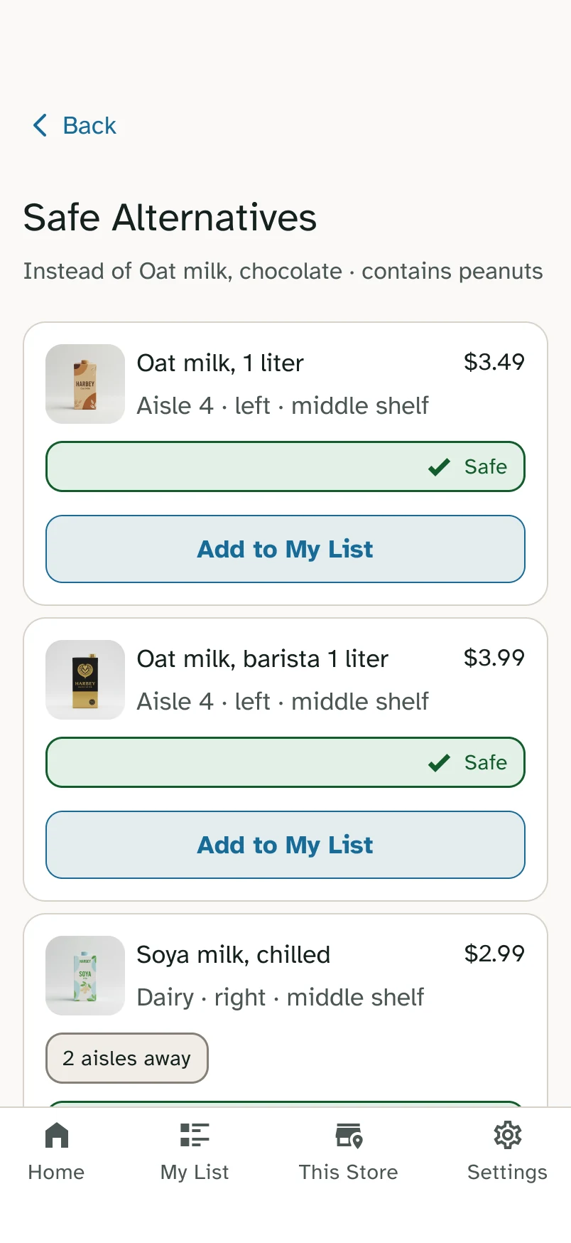 Safe alternatives, each with a verdict and aisle, side and shelf height