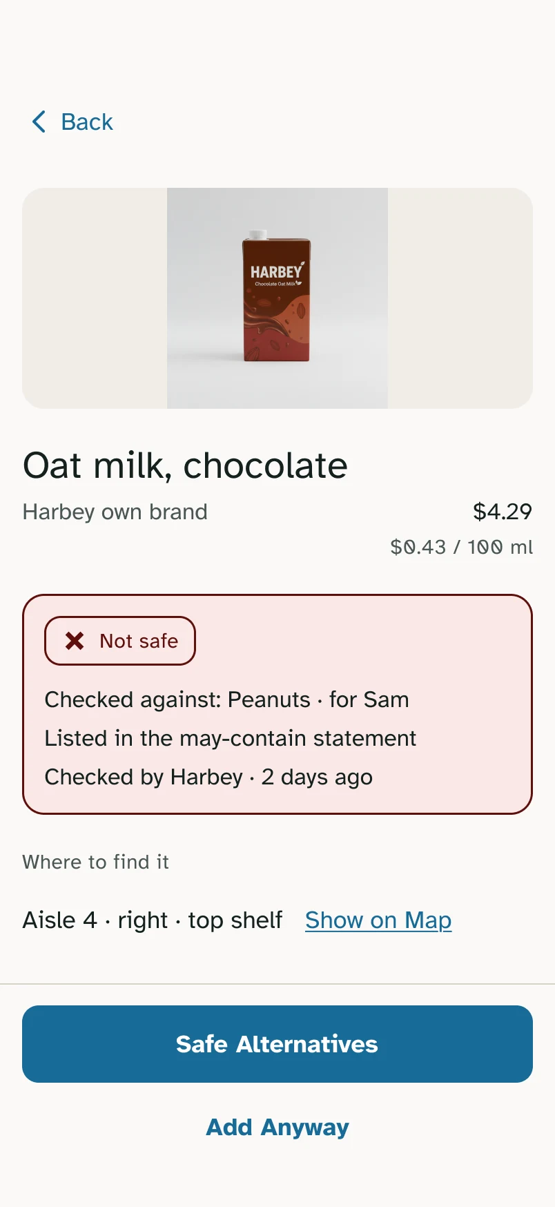 Not safe: listed in the may-contain statement, same structure, with Safe Alternatives first