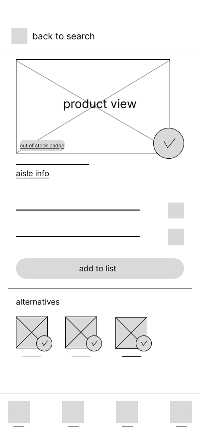 Lo-fi wireframe of the product detail screen with a safe verdict