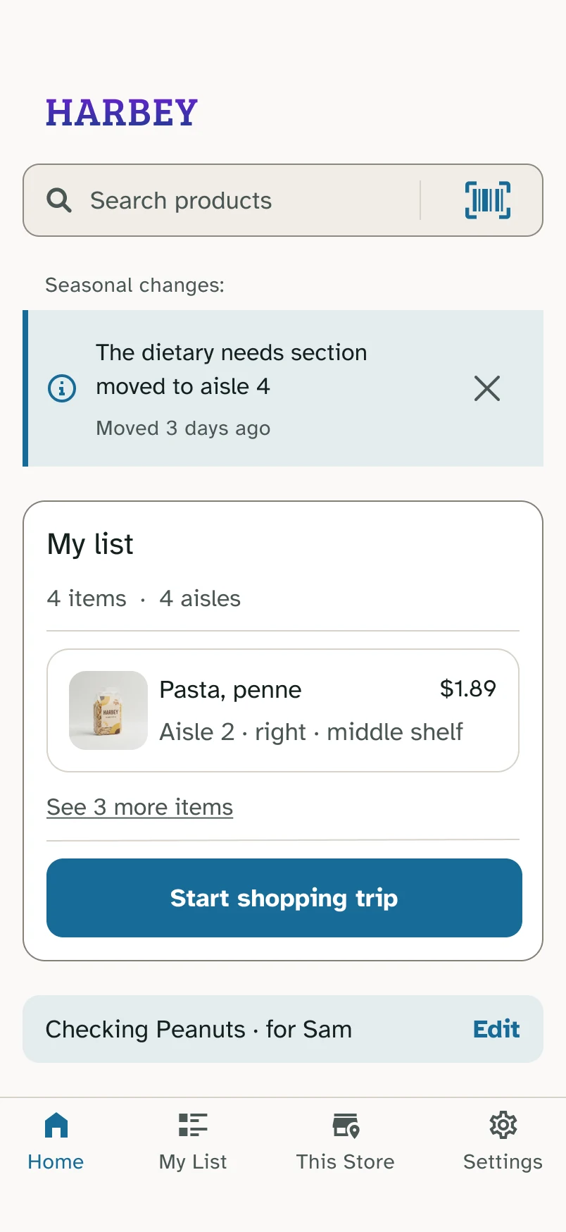 Round 2 home: My list, 4 items · 4 aisles, Start shopping trip button