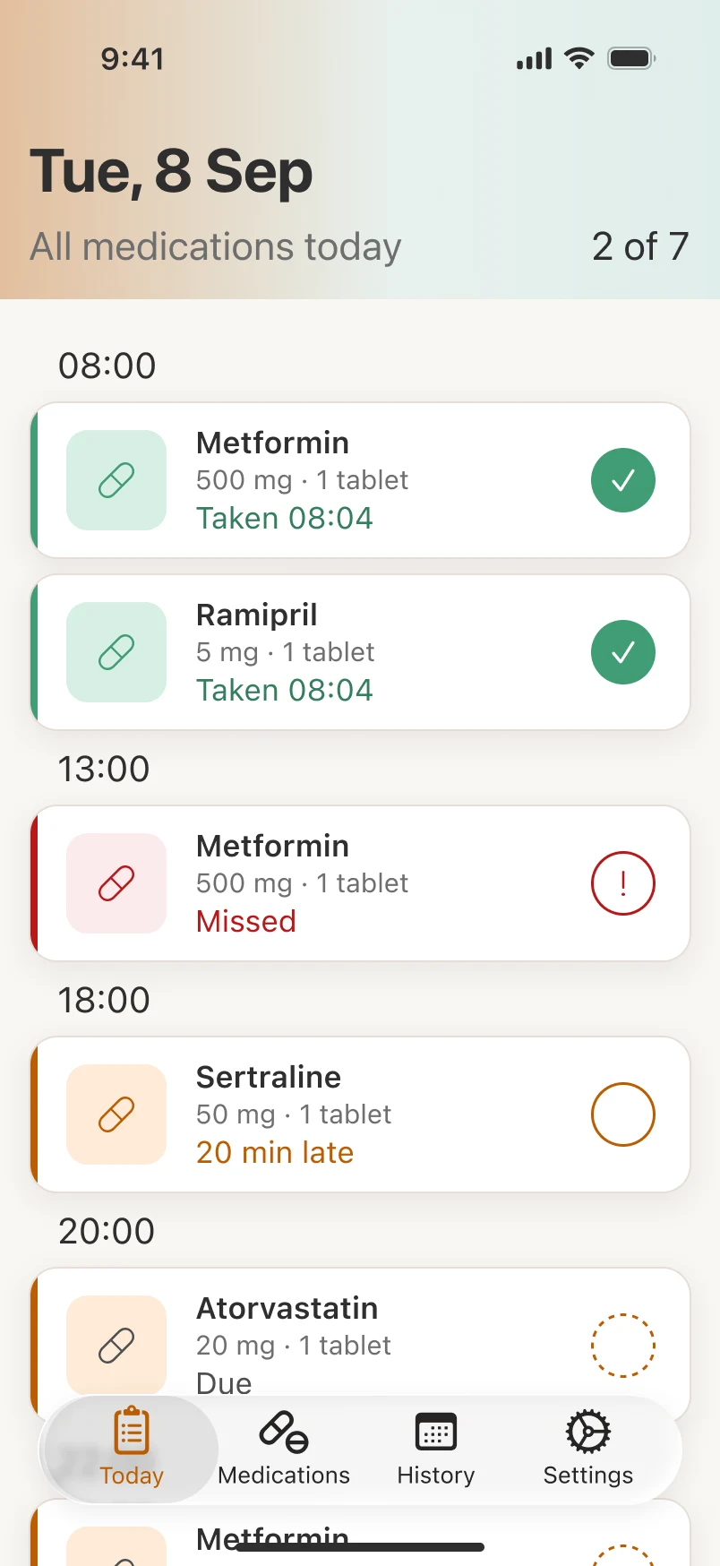 Leaph app: today’s medications, shown blurred while the case study is in progress